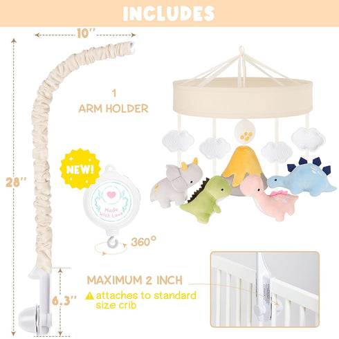 3-Mode Dinosaur Crib Mobile Beige Dino Baby Crib Mobile with Music Box, Nursery Mobile with Triceratops, T-Rex