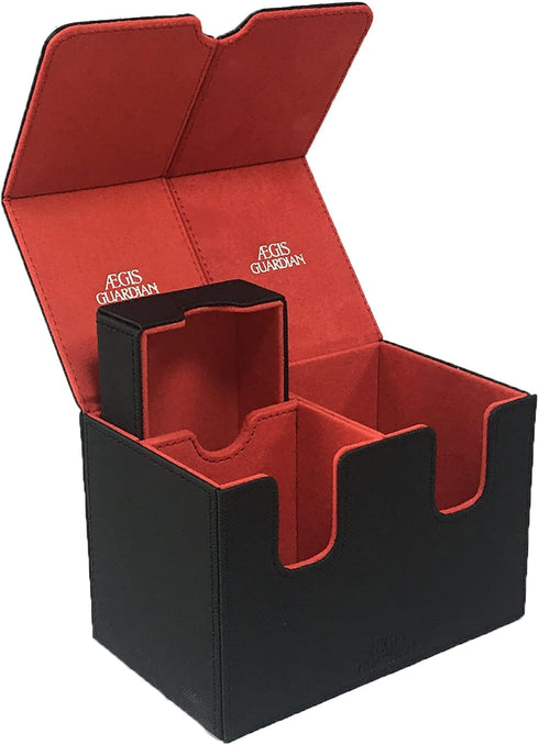 AEGIS GUARDIAN Card Deck Box with Dice Tray, Holds 150+ Sleeved Cards, Red Inner PU Leather