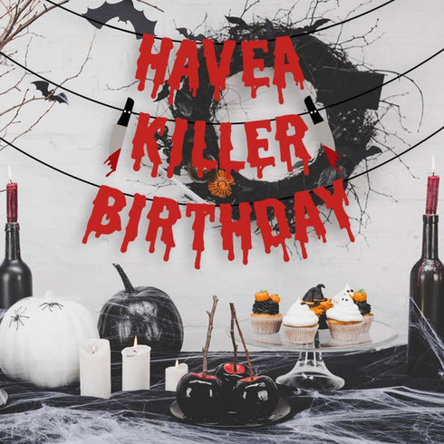 Quimoy Halloween Birthday Decorations, Have a Killer Birthday Banner with 12 Pcs Bat Wall Stickers for Party