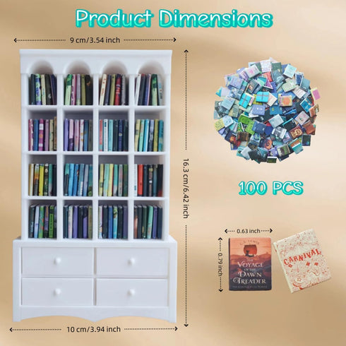 M.Zibos 1:12 4 100 Mini Bookshelf for Anxiety Relief - Scale Vintage Bookcase with Drawers & Mini Books, Dollhouse