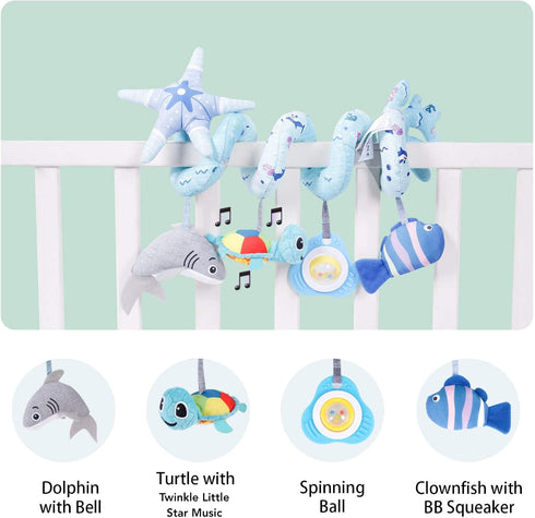 Upscale Trail 5-Piece Set 0-6 1 Deluxe Spiral Plush Toy - Cute Hanging Baby Rattle Animals including Shark Ideal