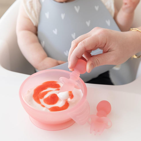 Bumkins Baby Utensils Set, Soft Practice Fork and Spoon, Chewtensils Silicone Spoons for Self-Feeding, Pink Jelly, 6