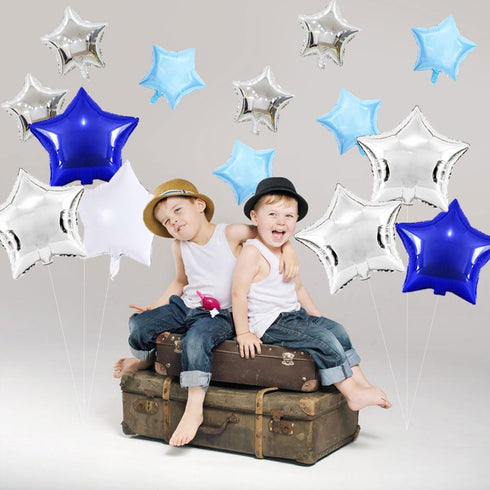 Blue Star Foil Balloons, 15pcs 18inch White Silver Blue Balloons and 10PCS 10inch Silver Light Blue Mylar Balloons