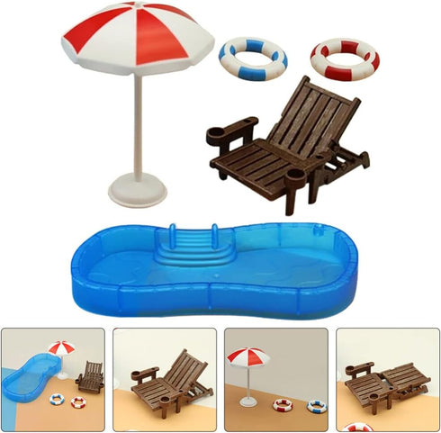 Toyvian 2 Sets Doll House Swimming Pool with Swimming Ring, Folding Beach Sunbath Chair Miniature Craft Furniture Pool