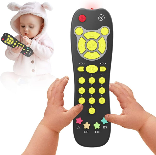Baby TV Remote Toy - Realistic Play Remote Control for Toddlers with Light and Sound, English, French, Spanish.