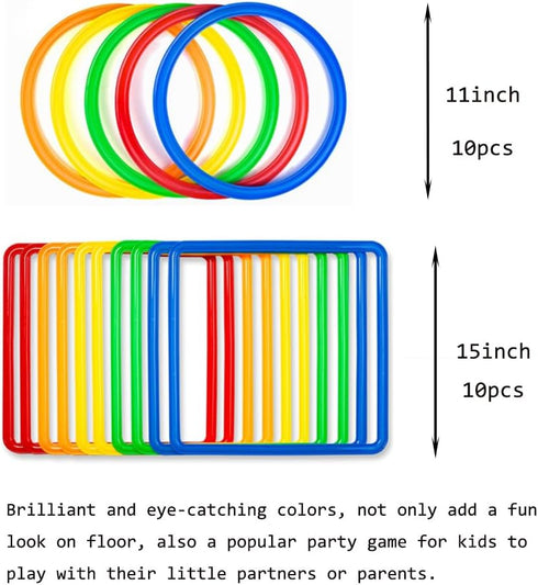 Hopscotch Squares and Ring Games - 11in/15in with 25 Connectors for Kids - Balance Agility Training Obstacle Course