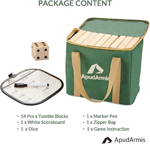 ApudArmis Giant Tumble Tower, 54 PCS Pine Wooden Stacking Timber Game with 1 Dice Set