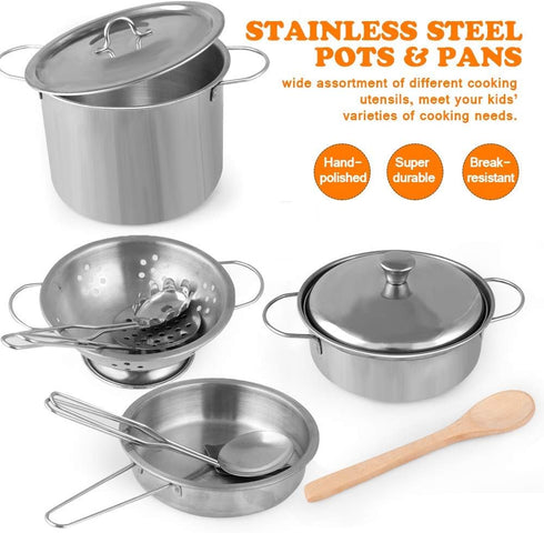 Playset D-FantiX Play Kitchen Accessories, Kids Play Pots and Pans with Mini Stainless Steel Pretend Play Cooking Toys