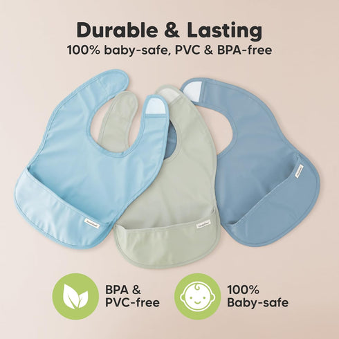 3-Pack Waterproof Baby Bibs for Eating, Lightweight with Food Catcher, Mess Proof Toddler Bibs for Boys Girls