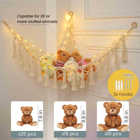 Hammock 75LEDs, 55in Hammock, Hammock Stuffed Animal with Extra Large Toy Storage Macrame Hanging Toy Net for Kids