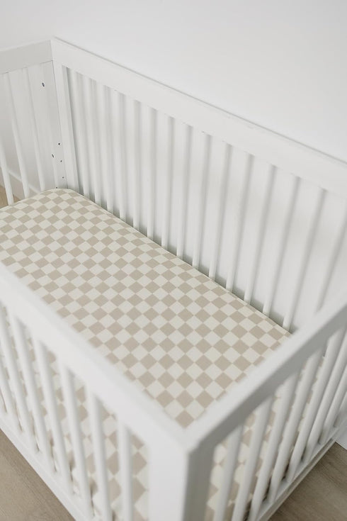 Taupe Checkered Muslin Crib Sheet by Mebie Baby, Soft and Breathable Bed Sheets for Babies, Modern Neutral Bedding