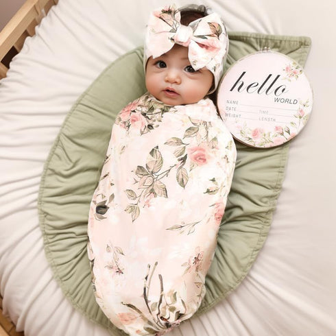 Galabloomer Newborn Receiving Blanket Headband Set, Flower Print Baby Swaddle Receiving Blankets