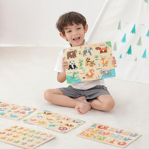 3 4 5 5PCS GRINNNIE Wooden Puzzles for Toddlers Years Old, Montessori Toddler Toys Peg Puzzles with Knob - Number