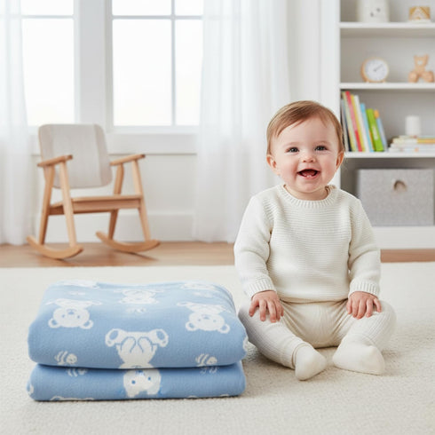 Cozy 30x40 Baby Knit Blanket Soft Cotton Blend with Bear and Bee Design Lightweight Infant Toddler Swaddle Nursery
