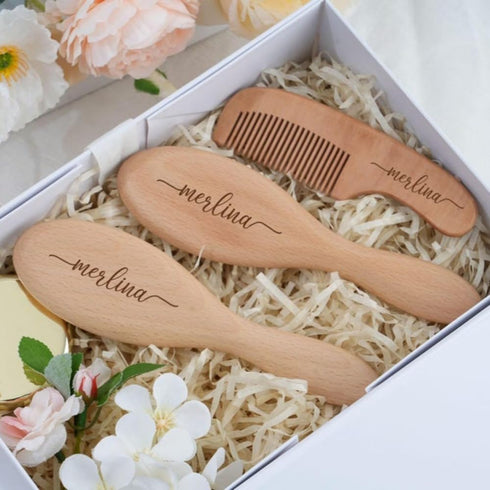 Hainadian Set Set Set (1pcs) Personalized Baby Brush and Comb for Newborn Wooden Baby Brush Personalized Baby Gifts