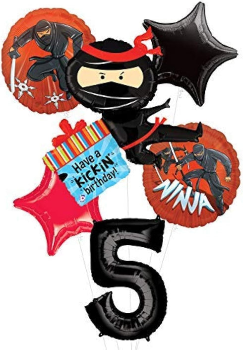 Ninja Birthday Party Supplies - Happy Kickin 5th Birthday Balloon Bouquet Decorations