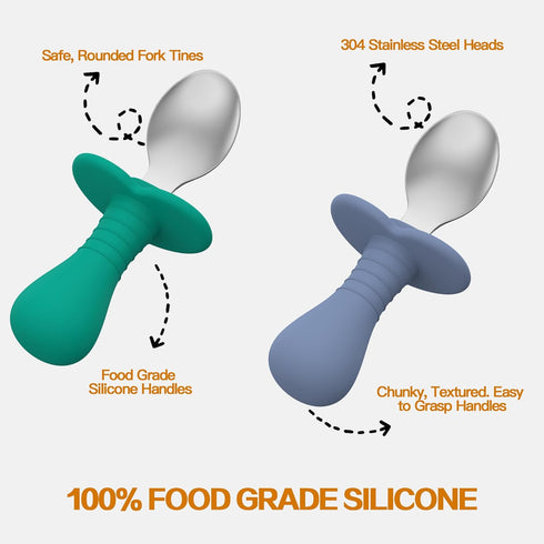 2 Pcs Baby Spoons Toddler Spoons for Self Feeding, Stainless Steel Kids Spoons with Silicone Round Handle, BPA Free