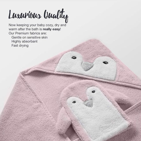 Happy & Sweet Set Baby Gift - Bamboo Viscose Hooded Penguin Bath Towel, Mitt Washcloth, and Squirt Bath Toy for Girls