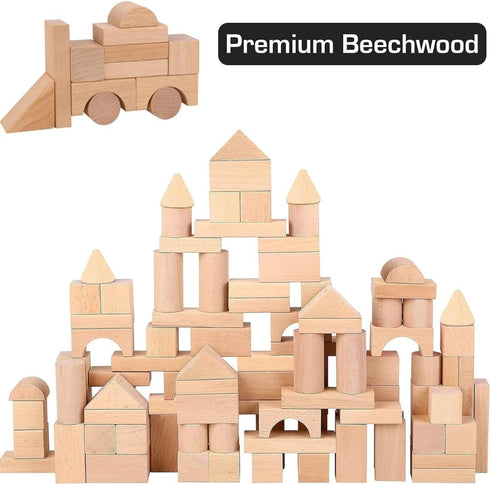 100 Pidoko Kids Wooden Blocks - Pcs - Building Blocks for Toddlers - Includes Storage Container with Shape Sorter Lid
