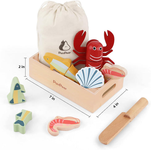 Set 3 PairPear Wooden Play Food Cutting Seafood - Toddlers Wooden Toy Food Pretend Play Kitchen Accessories for Years