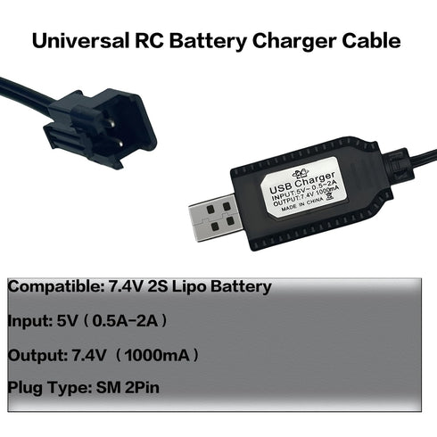 BaiWeiDun 7.4V SM-2PIN 7.4V 2S 1) USB Charger Cable with Plug Compatible RC Car RC Plane RC Tank RC Boat and Other