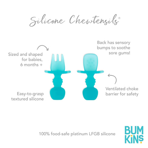 Bumkins Baby Utensils Set, Chewtensils Silicone Spoons for Self-Feeding, Soft Practice Fork and Spoon, Blue
