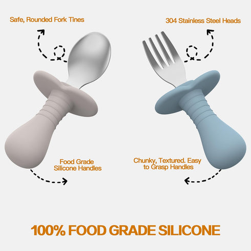 4 Pcs Toddler Utensils Set, Stainless Steel Childrens Silverware with Round Handle, BPA Free, Anti-Choke Design, Lite