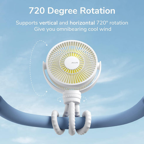 JISULIFE Stroller Fan, 4000mAh Battery Operated with 4 Speeds, Rechargeable 720° Rotatable Fan for Baby