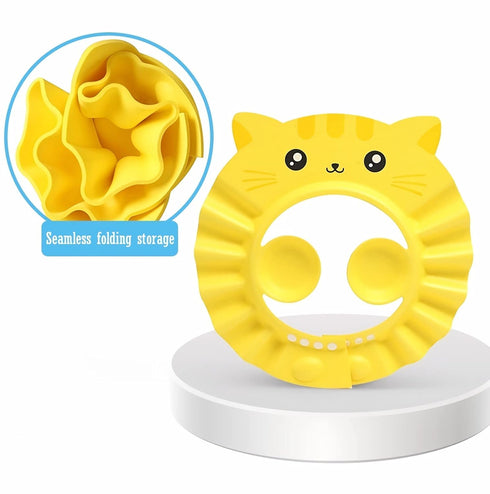 SIQITECHNO Cat Baby Shower Cap with Earmuff Foldable Anti-Reflux Cartoon Baby Shower Cap Soft Bath Shampoo Cap