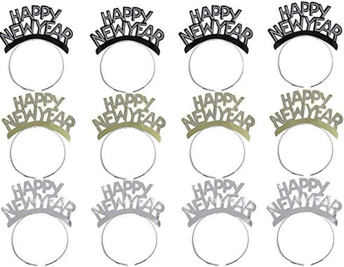 Soochat Happy New Year Headband Tiara, New Years Eve Party Supplies, Gold Silver Black (12 Pieces)
