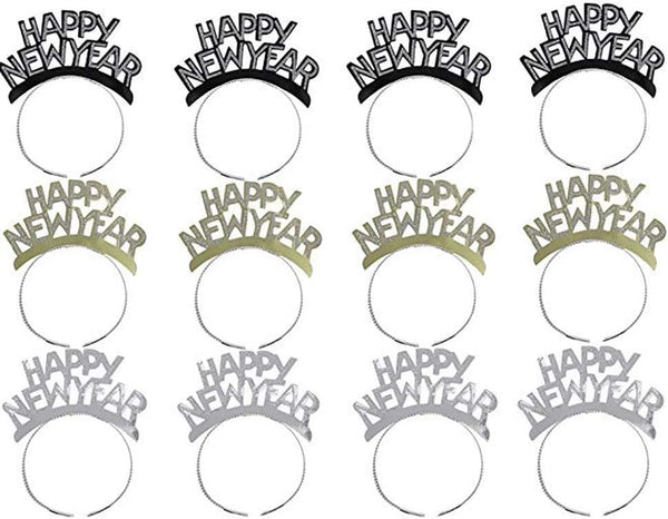 Soochat Happy New Year Headband Tiara, New Years Eve Party Supplies, Gold Silver Black (12 Pieces)