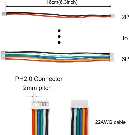 PH 2.0 Connector Pre-Crimped Cable Kit, Compatible with JST-PH 2.0mm for Battery and Arduino Projects