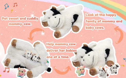 Hopearl LED Musical Stuffed Cow Playset, Singing Plush Toy with 3 Baby Cows, Adjustable Volume Lullaby.