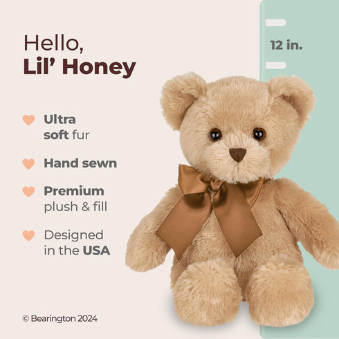 12" Bearington Lil' Honey Teddy Bear Stuffed Animal - Brown Plush Bear Toy with Soft Fur and Classic Design - Washable