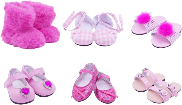 6 Pairs Hot Pink Doll Shoes Set for 18 Inch Dolls - Boots, Slippers, Sandals, Accessories