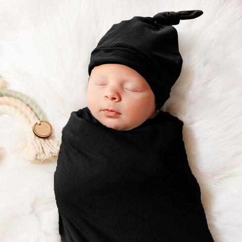 Newborn Swaddle Blanket with Hat Set, Hospital Receiving Blankets for Girls and Boys (Black)