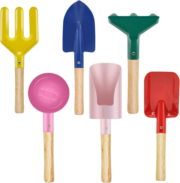 6-Piece Garden Tools Set for Kids, Beach Sandbox Toy Including Scoop, Trowel, Spoon, Fork, Rake & Shovel
