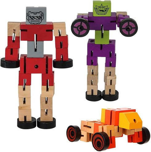 ArtCreativity 3 Pack Wooden Toy Robots, Colorful 5.75 Inch Transforming Action Figures for Kids' STEM Play