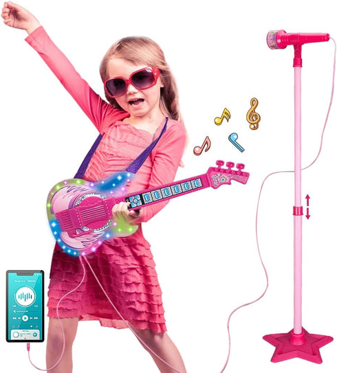 Set TAKIHON Guitar and Microphone for Kids,Guitar Toys with Music&Colorful Light,Adjustable Height Microphone