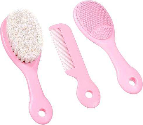3 Piece Baby Hair Brush and Comb Set for Newborns and Toddlers, Pink