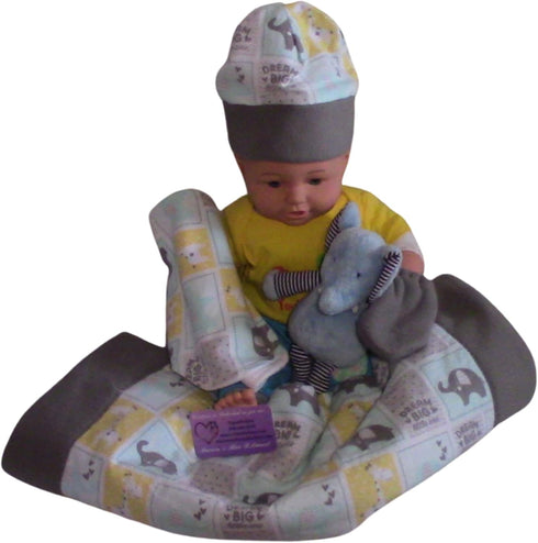 Gender Neutral, Elephants, Flannel Blanket, matching Hat, Mitts and Burp Cloth. Free