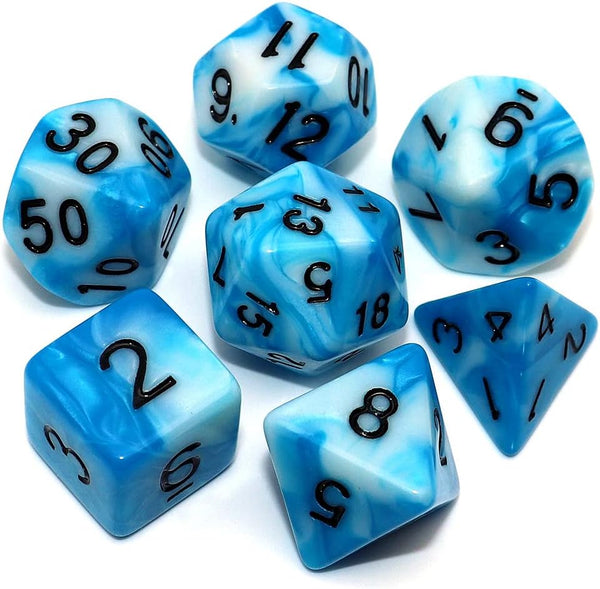 DND Polyhedral Dice Set: Blue & White 7-Die Set with Bag for Dungeon and Dragons D&D RPG