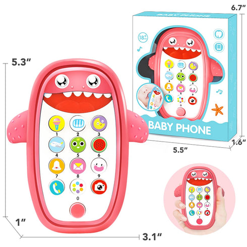 Baby Shark Cell Phone Toy with Removable Teether Case, Light, Music & Adjustable Volume for Kids 0-6 Months (Red)