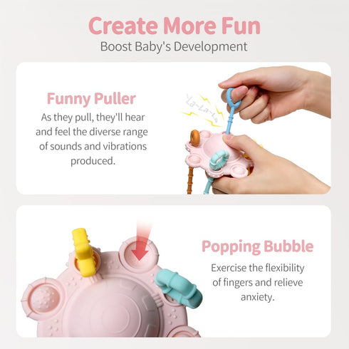 Montessori Toys Pull String Toys for Baby - 100% Food Grade Silicone with Built-in Rattle Function (Pink)