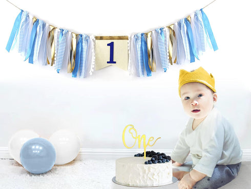 innerspark 1st set, Baby Boy Birthday Party Decorations by , Blue and Gold Ribbon High Chair Banner, Birthday crown