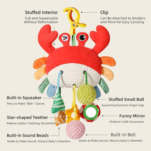 Vamotto 0-12 Crab Car Seat & Stroller Toy for Babies Months, Sensory Hanging Toy with Rattle, Mirror, Squeaker