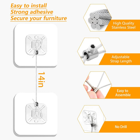 Jolliq (10 Packs) 14" No Drill Metal Furniture Anchors for Baby Proofing, Adhesive Anti-Tip Furniture Wall Safety