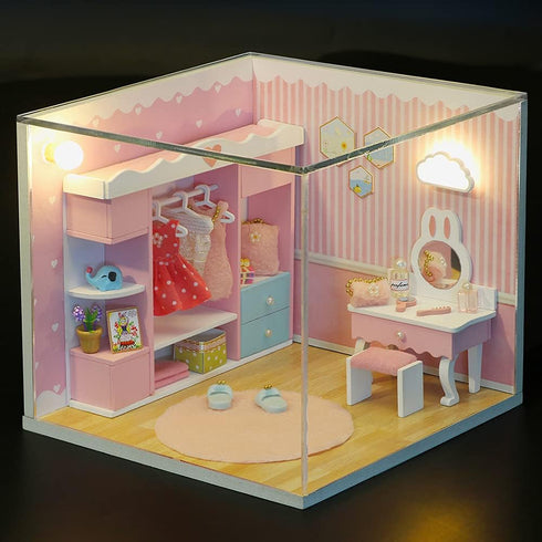 Kisoy Dollhouse Miniature with Furniture Kit, DIY 3D Wooden House Kit for Kids Adults Gift
