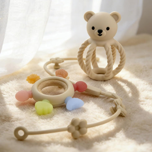 3Pcs Set 3-12 Baby Silicone Teether Toy - Food-Grade Silicone Teething Relief Toys,Wooden Ring Teether Cute Bear Toy