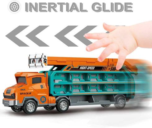 Hot Carrier Transport Truck Toys - 7-in-1 Big Storage Truck with Dual-Racing Track, 6 Die-Cast Cars, Gift for Kids